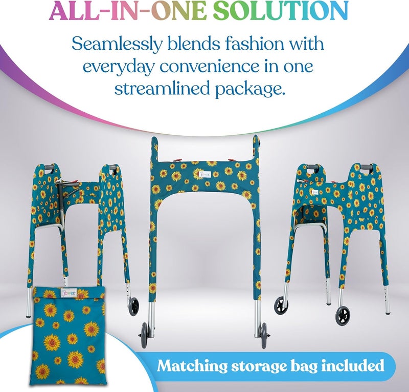 Jover – Walker Covers (Sunflowers) – Colorful Fabric Cover for Standard Folding Walker Mobility Aid with Pockets, Easy Fit Senior Walker Accessories, Washable Polyester, + Matching Storage Bag - Image 3